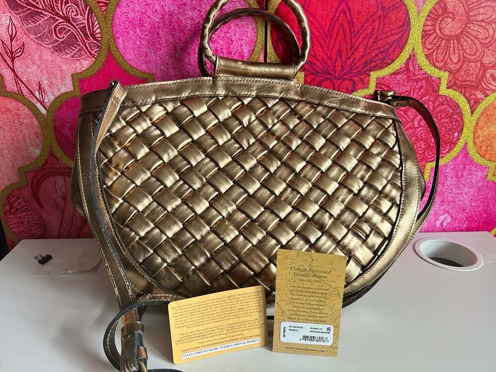Patricia Nash Olena Large Metallic Woven Leather Crossbody Bag Antique Bronze